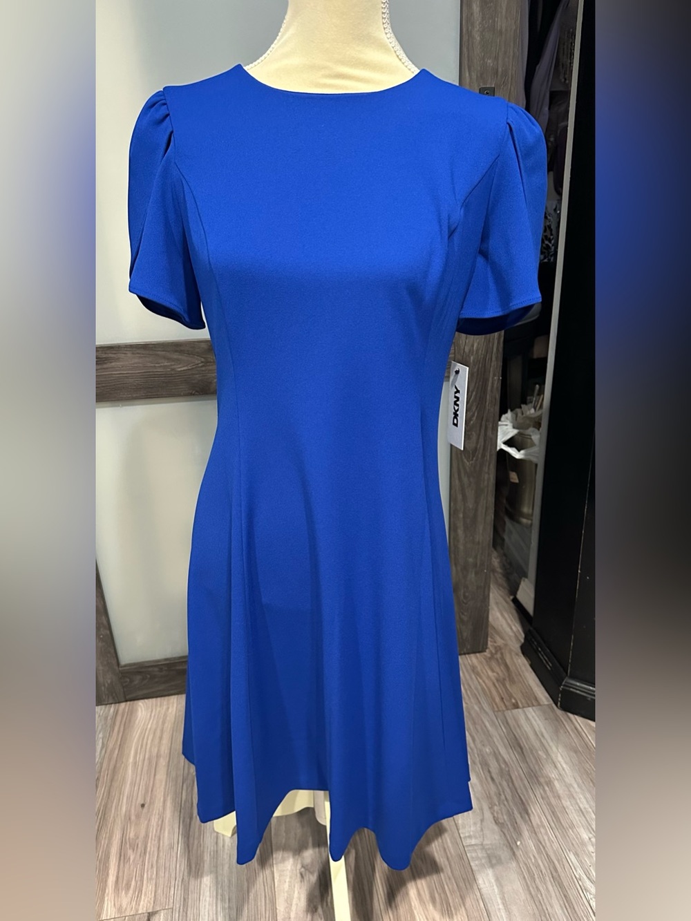 *NEW* DKNY Women's Tulip Sleeve Fit & Flare Dress 6 8 Royal Cobalt Blue Wedding